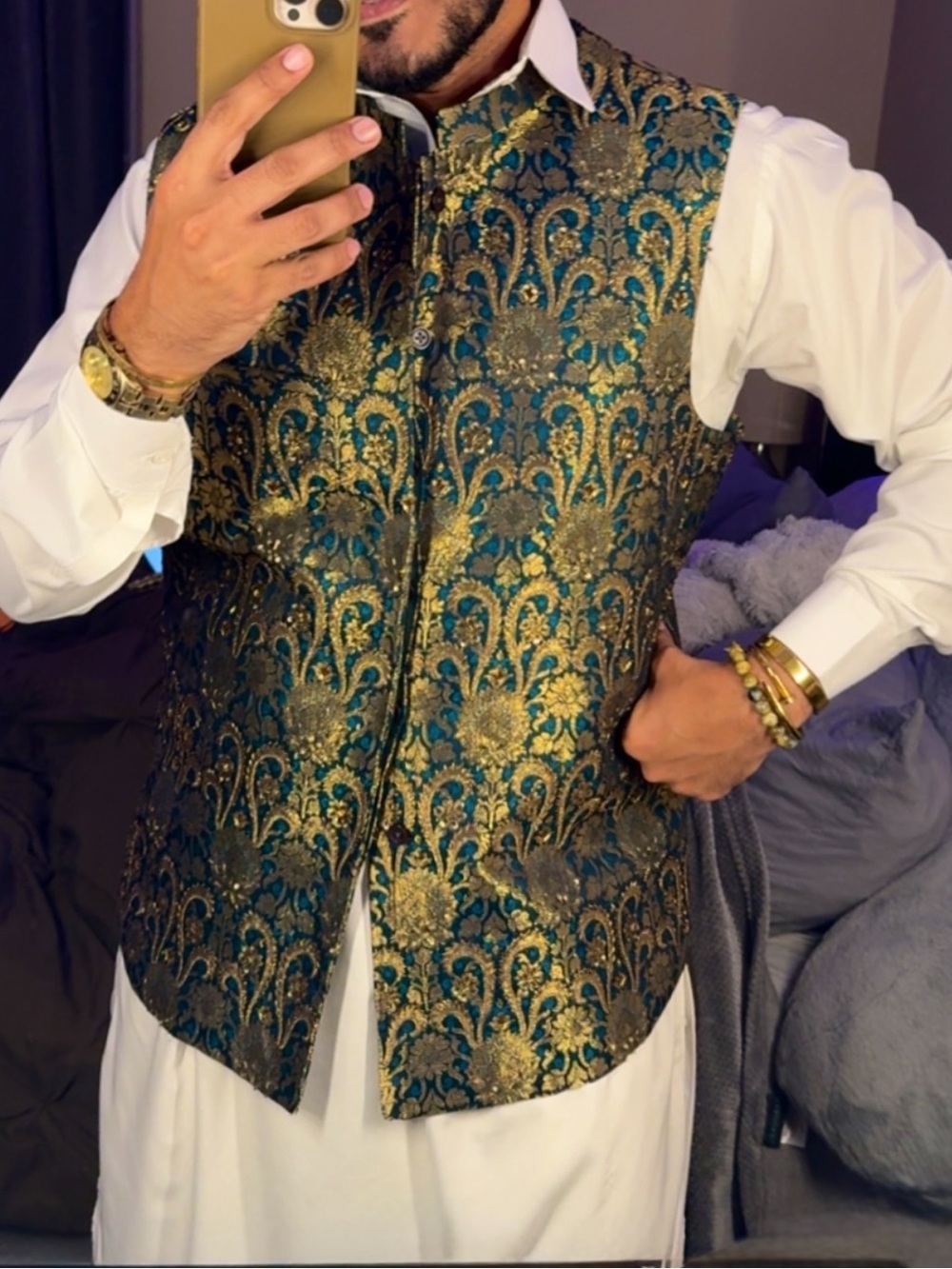 Men's Teal & Gold Brocade Nehru Vest